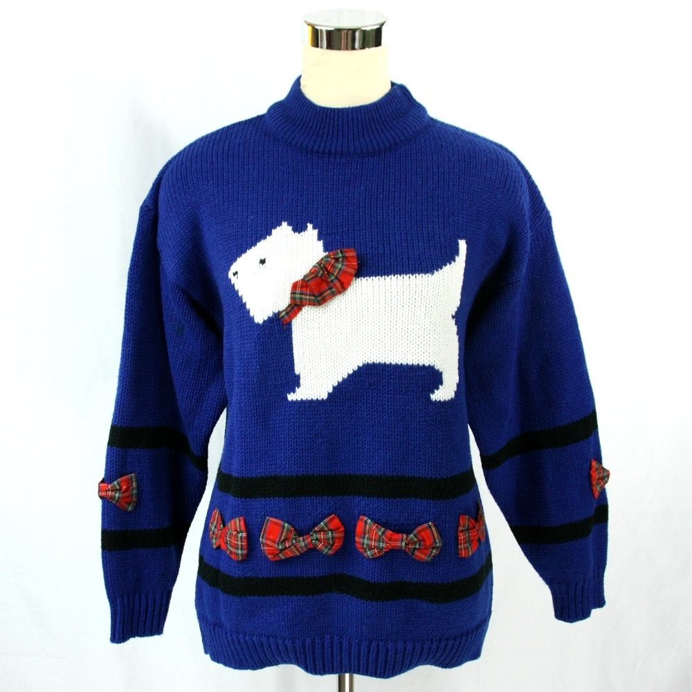 Vintage Stefano International Dog Yorkie Mock Neck Sweater w Bows Blue - M L